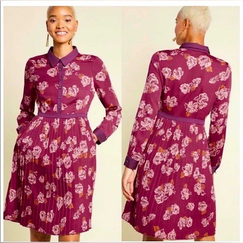 MODCLOTH Just My Typist Long Sleeve Pleated Shirt Dress